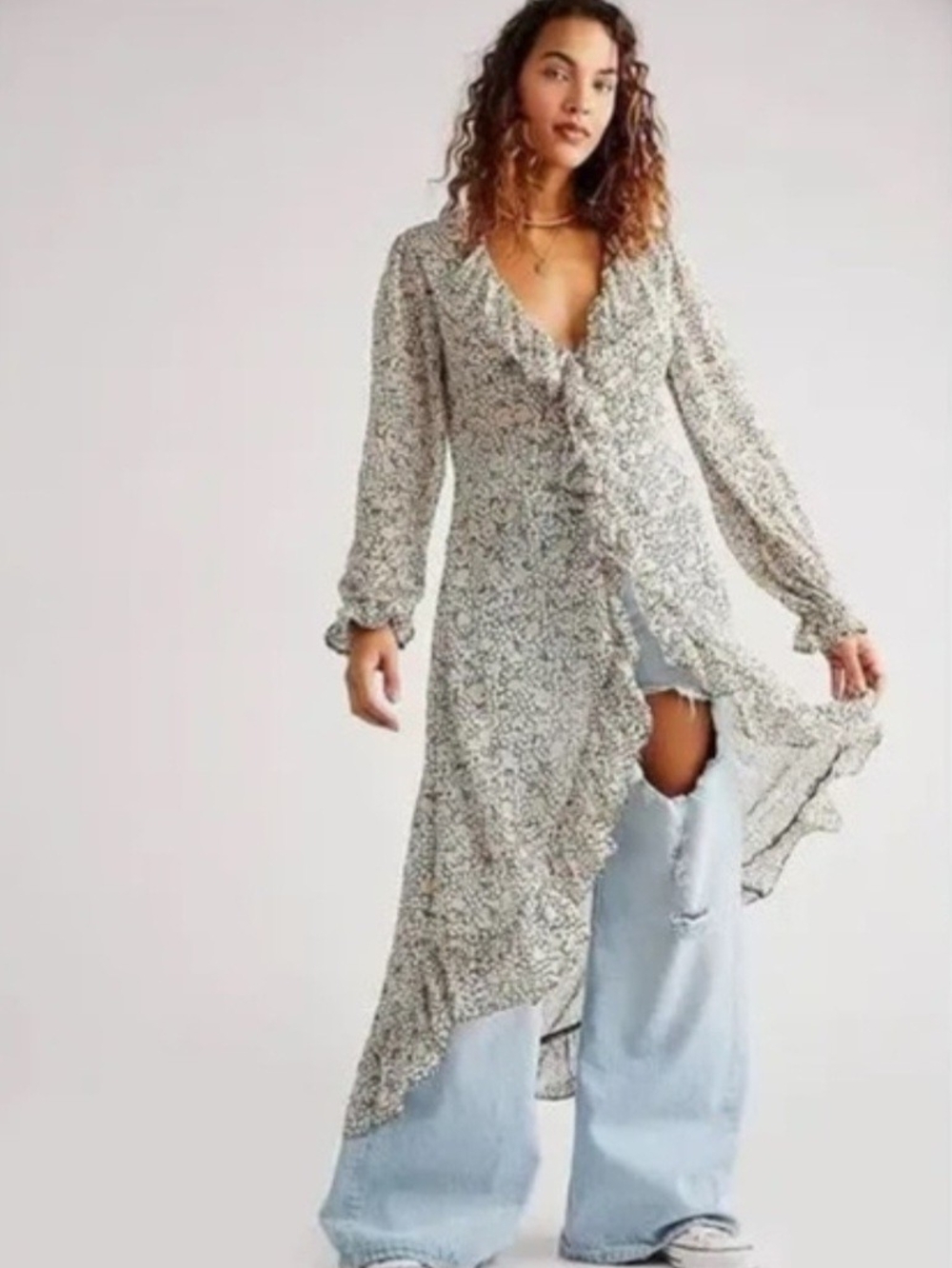 Free People Gigi Maxi Duster Top Floral Antique Combo NWT Size S Boho FP